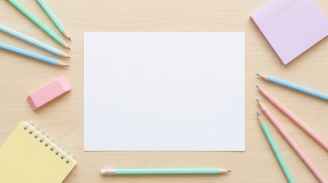 Top view overhead flat lay of blank white paper on light wooden desk with pastel school supplies