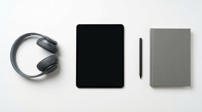 Overhead top view flat lay of blank screen tablet on white desk with headphones for elearning