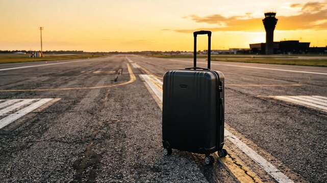 Black suitcase standing on an airport runway at golden sunset