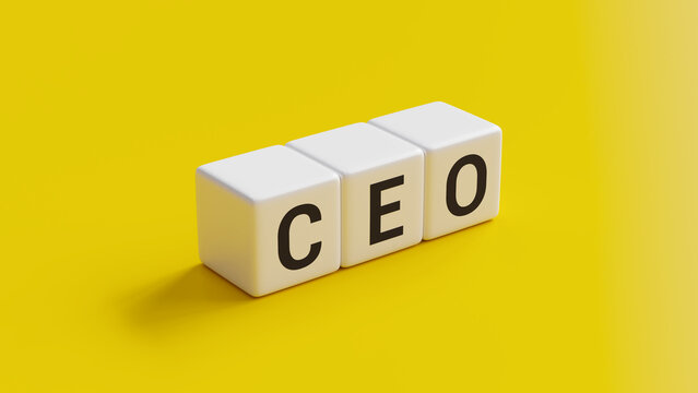 White blocks with letters spelling CEO resting in a row, arranged on a vibrant yellow surface background for business leadership and corporate strategy