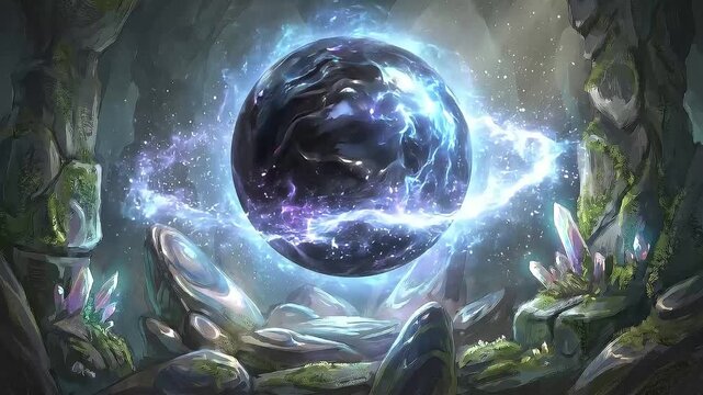 Magical dark liquid orb floating in a crystal cave fantasy background loop video