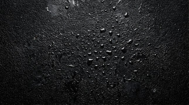 Raindrops on black asphalt surface after storm for textured background
