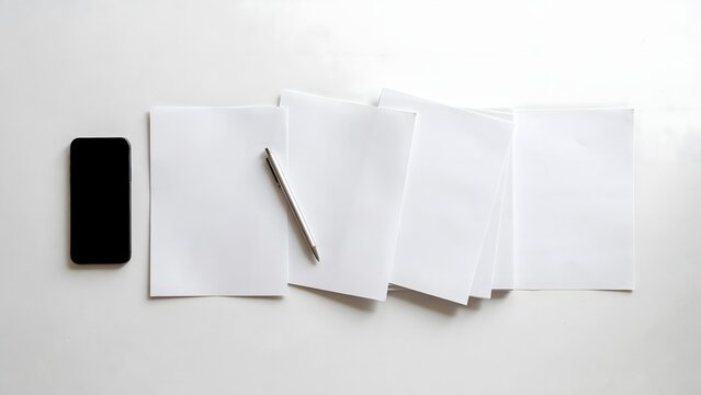 Flat lay of smartphone and blank business documents &ndash; Great for workflow organization, document signing, or office process.