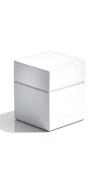 Minimalist white cube on a clean surface.
