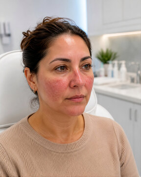 Woman With Facial Rosacea in Modern Dermatology Clinic. Professional clinical portrait of an adult woman with visible facial redness associate
Mujer con ros&aacute;cea facial en cl&iacute;nica dermatol&oacute;gica moderna