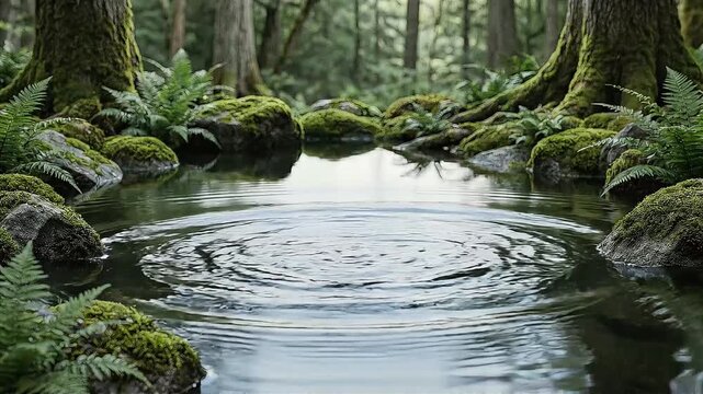 Footage of a water drop falling into a serene mossy forest pond creating ripples in a loop.