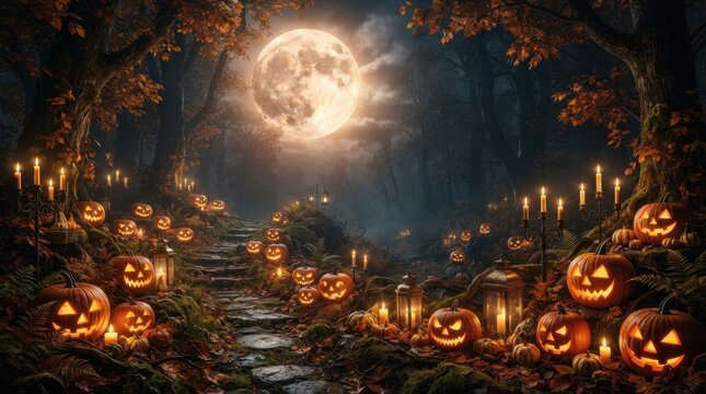 Spooky Stone Stairs Under Full Moon Sky