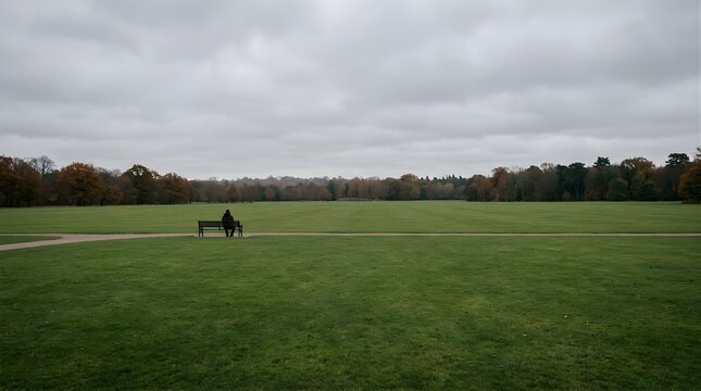 Solitary person sitting on a park bench in a large green field in autumn
