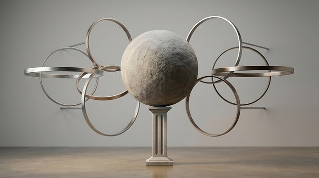 Abstract art sculpture featuring stone sphere and metallic rings, sculpture