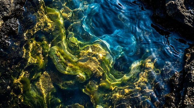 Abstract underwater view of green seaweed and blue ocean water texture