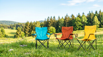 Fototapeta premium Colorful camping chairs for outdoor seating in a scenic field 