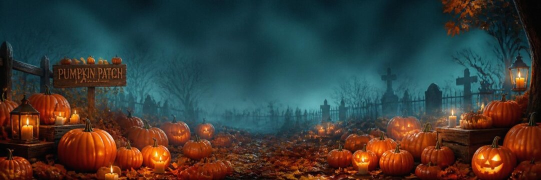 Spooky halloween pumpkin patch at night with a graveyard in the background, glowing jackolanterns, flickering candles, and autumn leaves under a misty blue moonlight sky