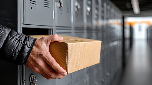 Hand places cardboard parcel into gray metal locker compartment in bright setting