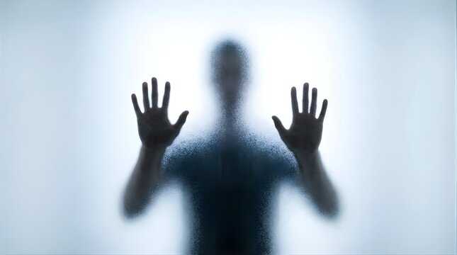 Silhouette of a person pressing hands against frosted glass for mystery