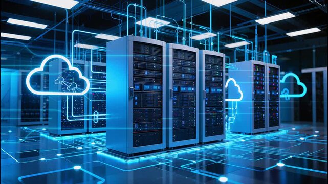 Cybersecurity Data Center with Glowing Cloud Infrastructure and Server Racks