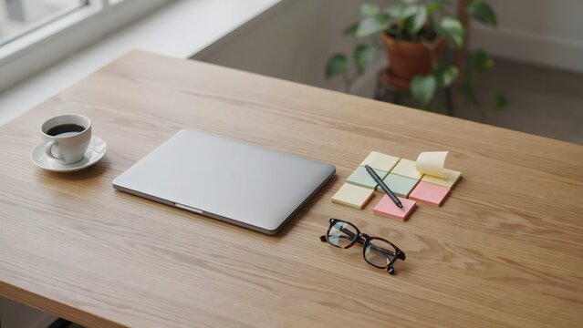 Top view of laptop, sticky notes, and coffee on office desk &ndash; Perfect for daily productivity, project management, or creative ideas.