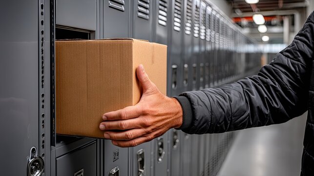 Close up of a hand placing a cardboard parcel into a gray metal locker in a well-lit location with a soft blurred background