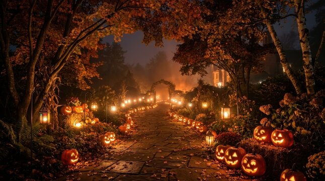 Illuminated Autumn Garden Pathway Decorated for Halloween