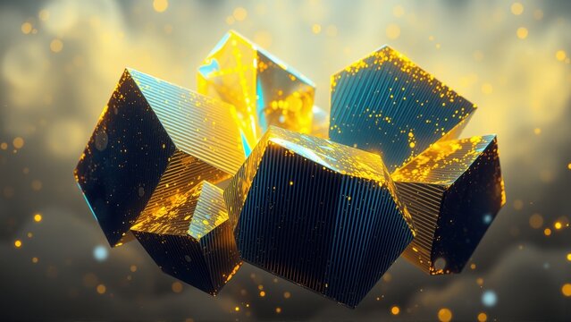 Abstract geometric shapes, gold accents, dark background. Glowing particles create dramatic visual effect. Complex structure, modern design.