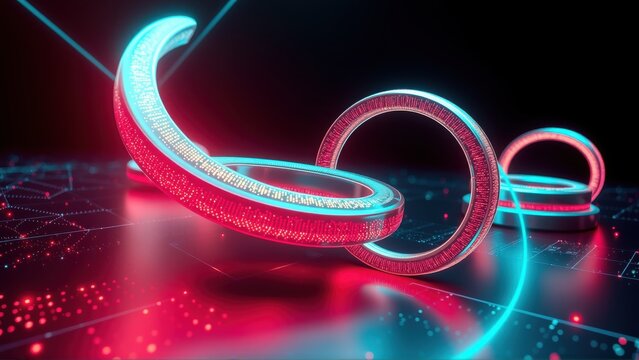Abstract glowing rings, red and cyan hues, digital grid background. Reflective surface creates futuristic visual impact.
