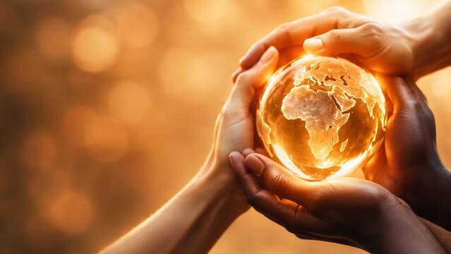 Glowing crystal globe held by diverse hands, golden earth conservation concept, global unity and environmental protection