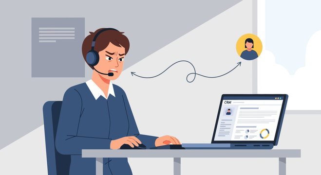 Angry Customer Service Agent with Headset Working on Computer, Frustrated
