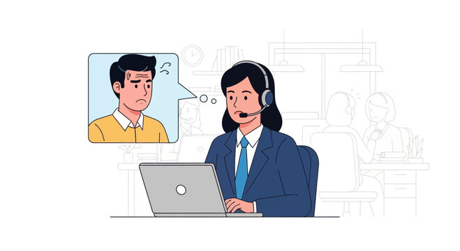 Call center agent helping frustrated customer on video call, isolated.