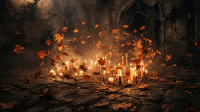 Swirling Leaves and Candles on Spooky Path