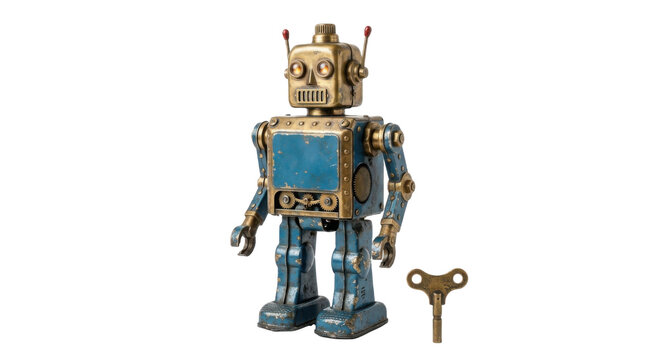 Vintage tin toy robot with wind up key PNG Isolated on transparent background