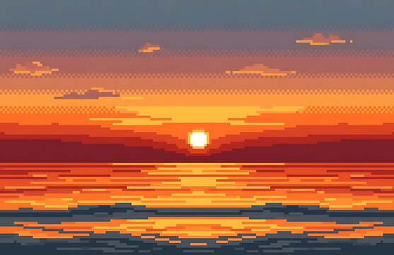 A beautiful pixelated sunset descends over the vast ocean displaying vibrant shades of orange and red fostering a peaceful and calming mood