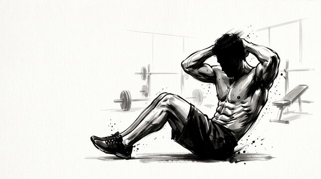 Ink illustration of a muscular man doing sit-ups in a gym