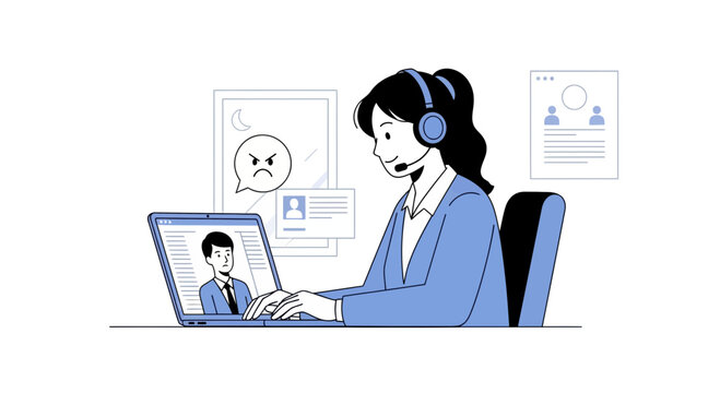 Customer service agent with headset on laptop, unhappy client icon