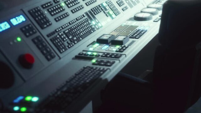 The control panel has many buttons and gauges. Lights flash in various colors as a mission occurs. The environment looks technical and focused on operations in a space setting.