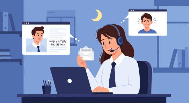 Customer service agent working late with angry customer complaint on screen