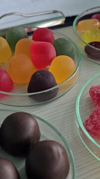 Exploring candy under the microscope in a lab setting with colorful sweets