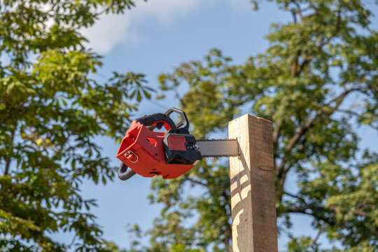 a cordless top handle chainsaw through a vertical wooden post