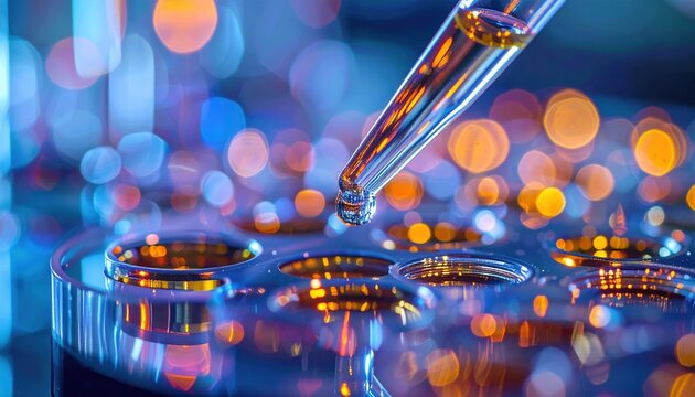 Close-up of scientific pipette transferring liquid into microplate during laboratory analysis