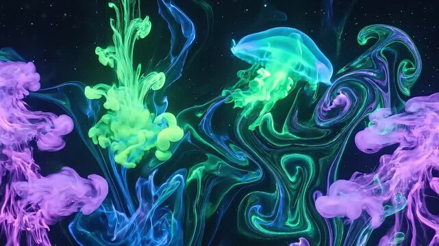 Bioluminescent liquid motion graphics loop with abstract glowing jellyfish in deep blue water.