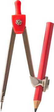red drawing compass isolated white background, metal drafting tool with attached red pencil, side view in close-up