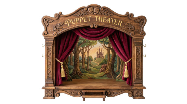Ornate wooden puppet theater with velvet curtains and fairytale castle backdrop PNG Isolated on transparent background