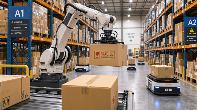 Automated robotic arm lifting fragile cardboard box in modern fulfillment center. Smart warehouse technology using autonomous mobile robots for logistics and inventory management.