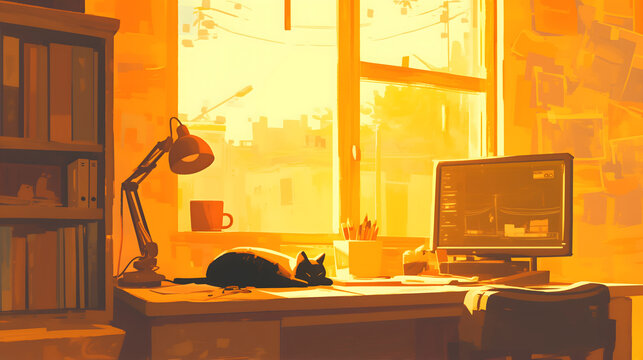 Cozy Lofi Style Workspace Illustration with Sleeping Cat at Sunset