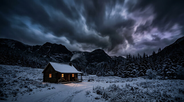 A remote winter cabin glows warmly at night under a dramatic stormy sky with snow covered mountains rising in the distant background