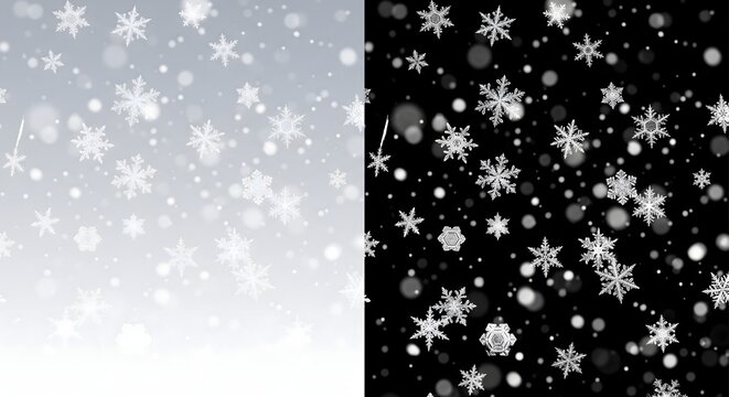 Christmas snow and blizzard overlay for winter holiday design with isolated snowflakes on black.
