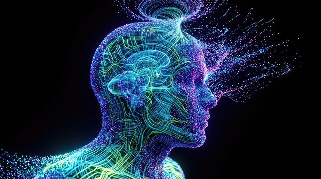 Visualization of artificial intelligence with a glowing digital human head profile and exploding neural network particles