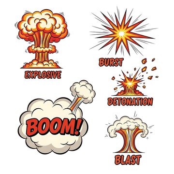 Cartoon style explosive detonation blast effects illustrations.