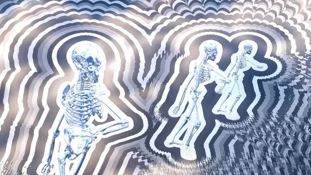 Trio of silver skeletons walk with hip hop rhythm across psychedelic soundwave rings in a mesmerizing 3D animation built for concert stage loops and Halloween DJ visuals