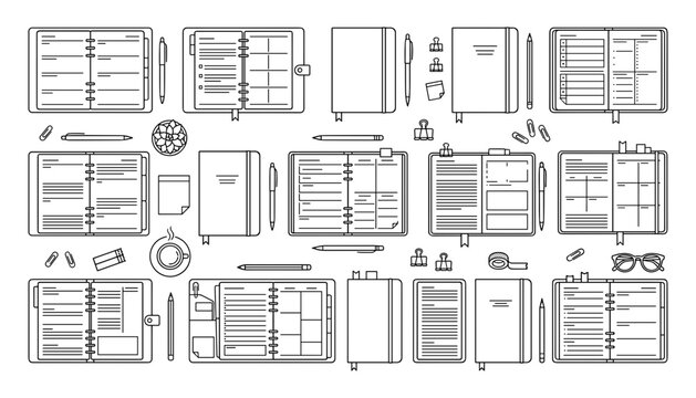 Original name(s): Creative flat lay vector illustration of daily planners, notebooks, agendas, and office stationery items for scheduling, organizing, and time management