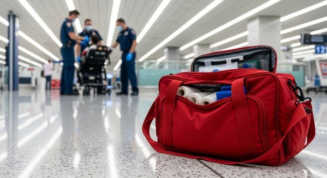 Open emergency medical bag with supplies in airport terminal as paramedics assist a patient in wheelchair, representing travel health, first aid, and emergency response preparedness
