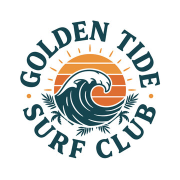 Golden Tide Surf Club vintage retro emblem logo vector with ocean wave sunset sunburst and palm trees isolated on white background